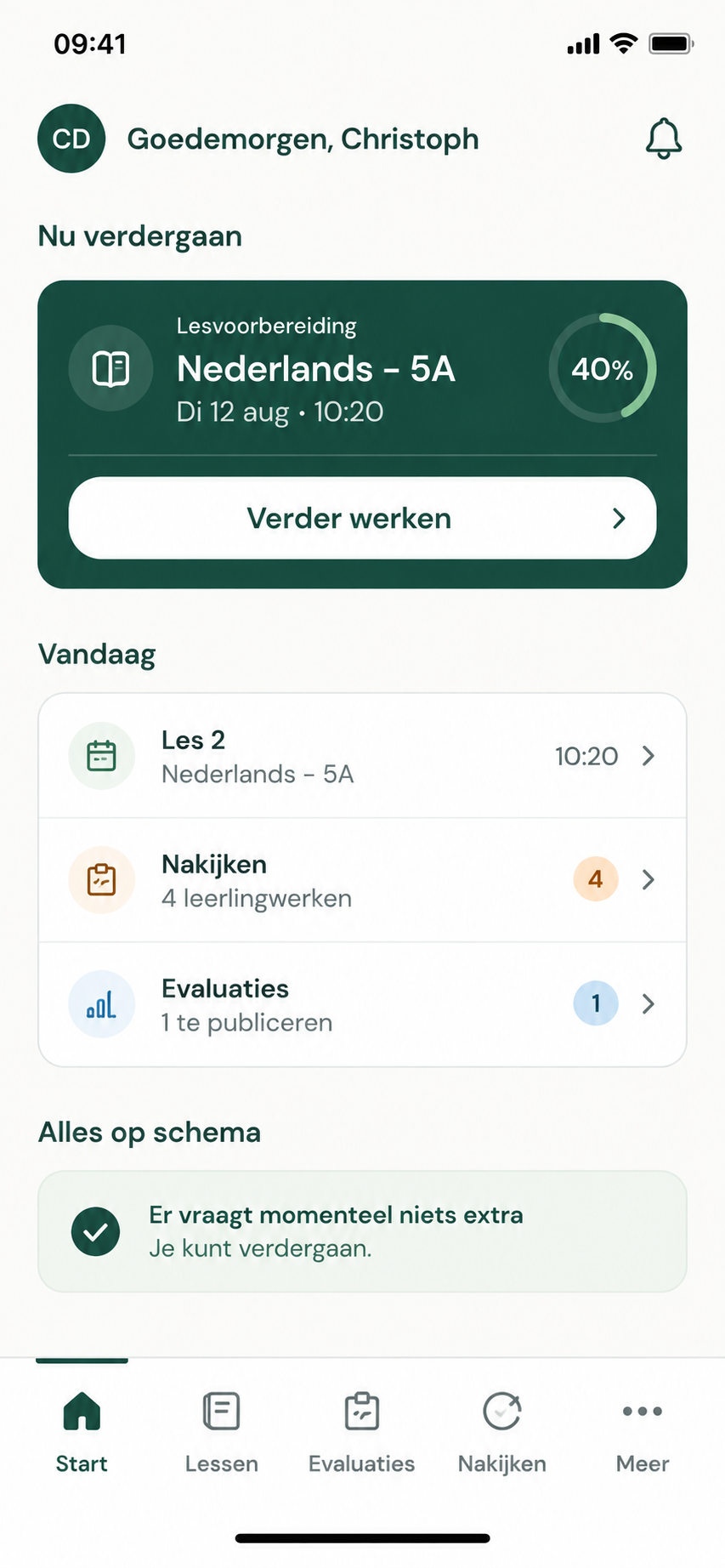 CoAst-ontwerpconcept met een lesvoorbereiding Nederlands, taken voor vandaag en de melding Alles op schema.